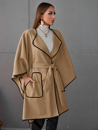 Contrast Trim Wrap Belted Lapel Coat, Elegant Long Batwing Sleeve Dual Pockets Longline Coat For Fall & Winter, Women's Clothing MyFave Boutique