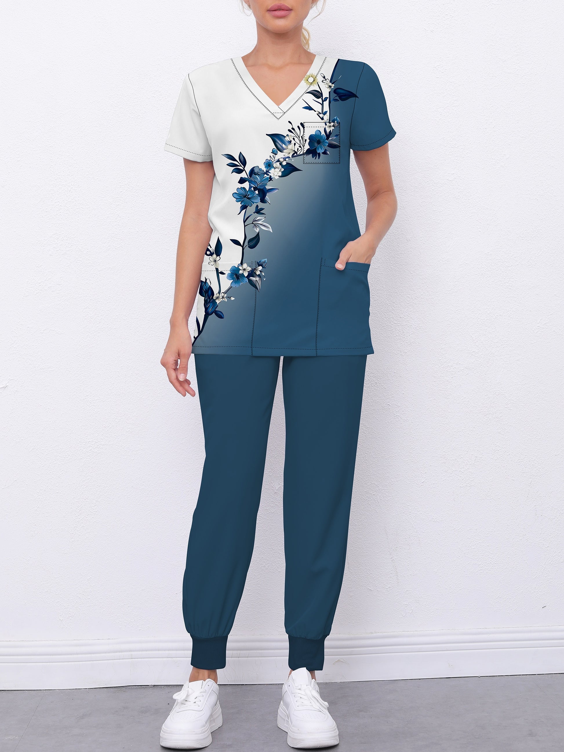 Floral Print Two-piece Scrubs Top, Short Sleeve V Neck Pockets Scrub Top & Jogger Pants Uniform For Hospital, Women's Clothing MyFave Boutique