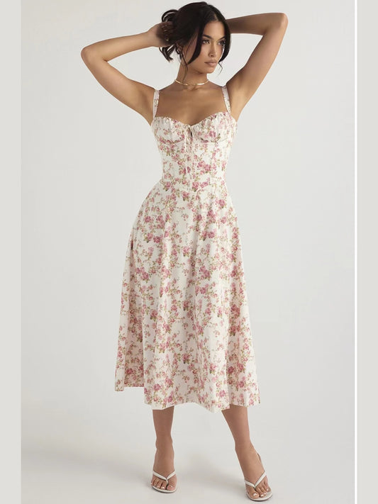 Women's Floral Print High-Low Midi Dress with Spaghetti Straps and Sweetheart Neckline for Summer Elegance MyFave Boutique