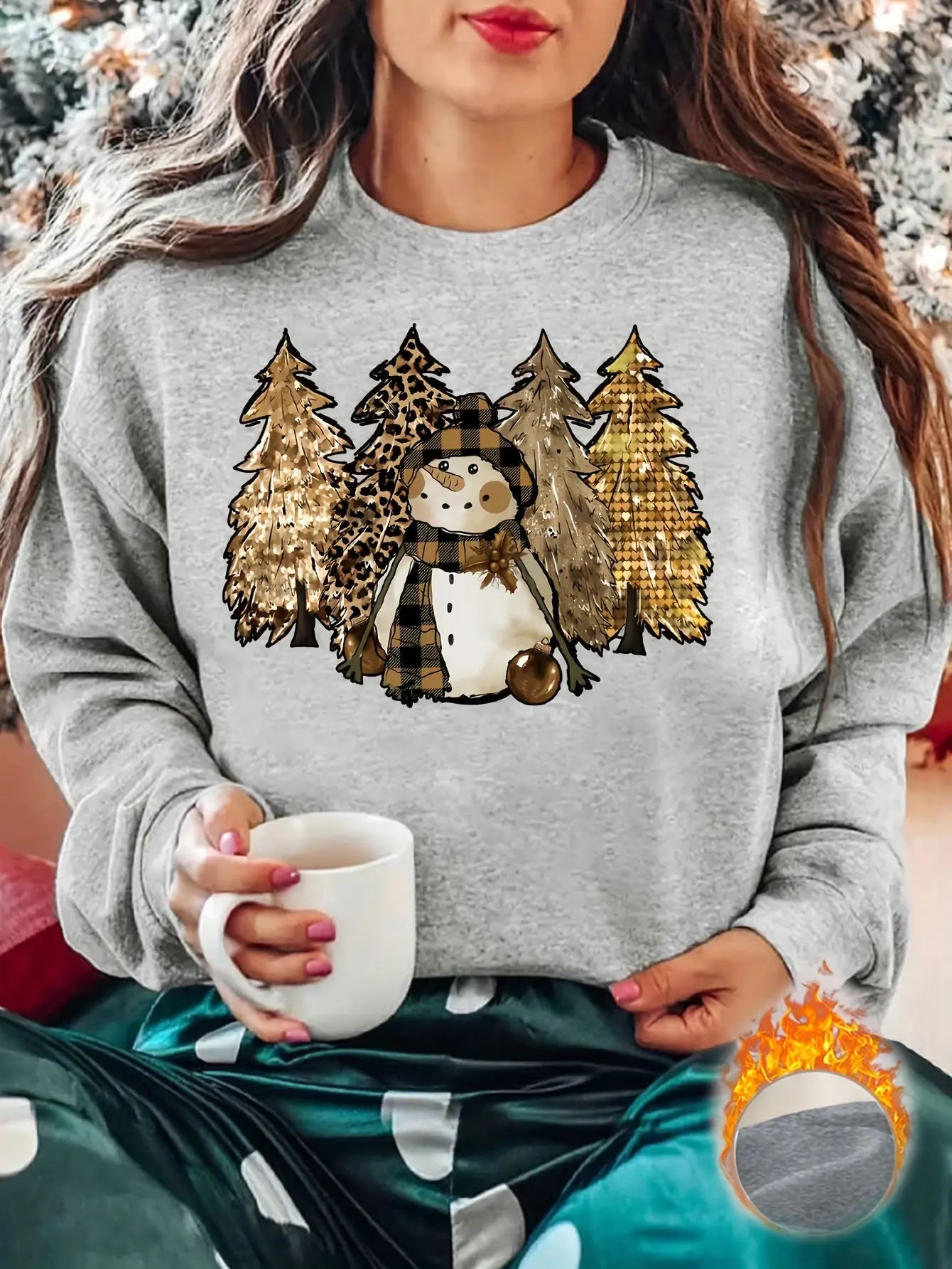 Women's Christmas Themed Polyester Sweatshirt with Applique Snowman and Trees, Casual Crew Neck Pullover for Fall/Winter - 100% Polyester Knit Fabric MyFave Boutique