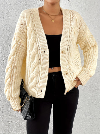 Solid Cable Knit Cardigan, Casual Drop Shoulder Cardigan For Fall & Winter, Women's Clothing MyFave Boutique