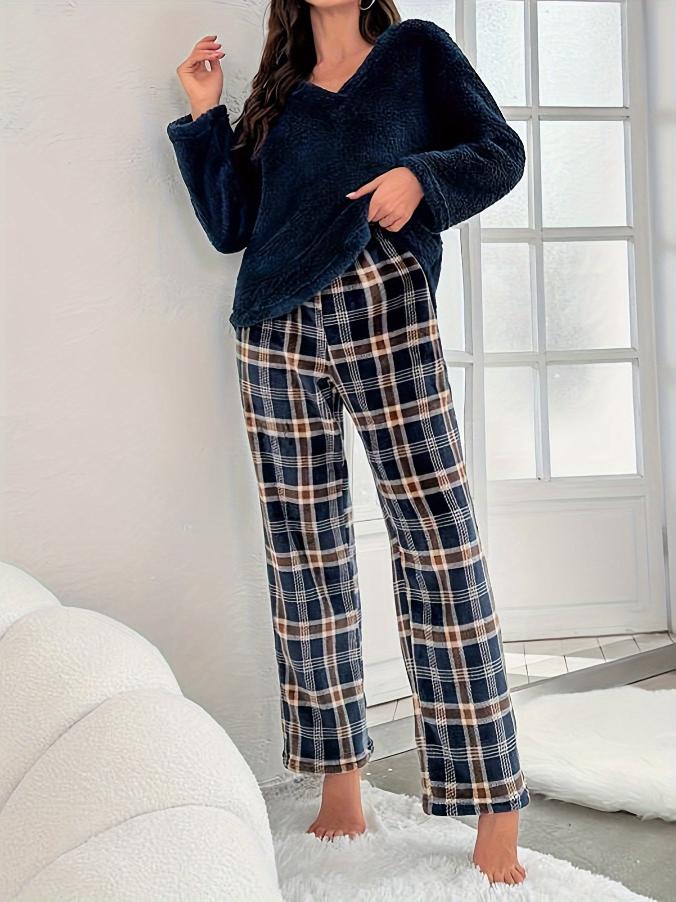 Women's Plaid Fleece Pajama Set - Long Sleeve V Neck Top & Elastic Pants, Cozy & Thickened Sleepwear MyFave Boutique