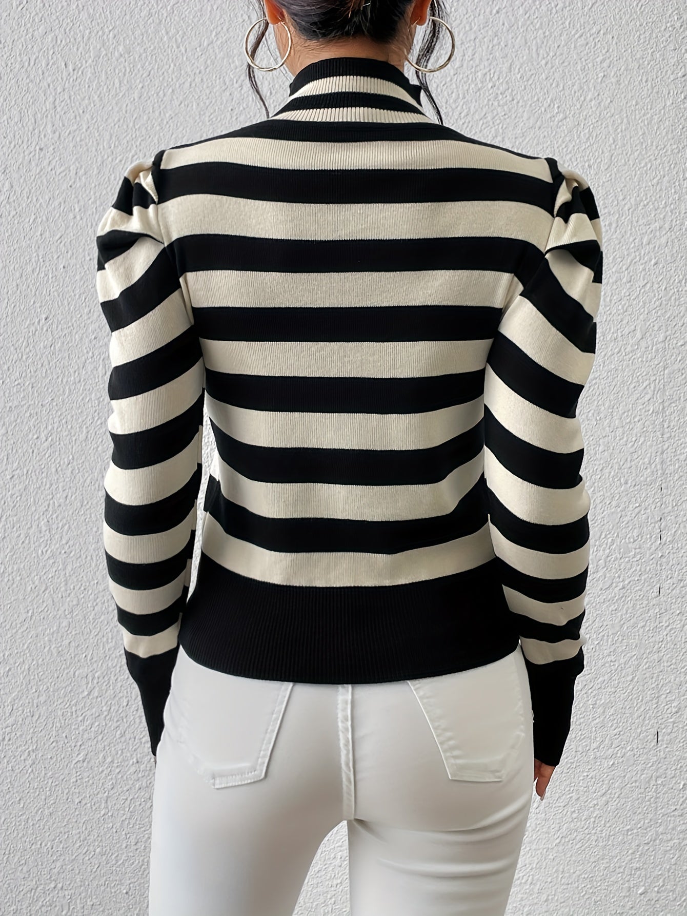 Striped Print Shoulder Pads Top, Elegant Cut Out Long Sleeve Sweater For Spring & Fall, Women's Clothing MyFave Boutique