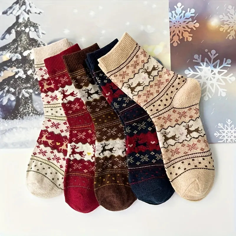 5pcs 5 Pairs Festive Reindeer & Snowflake Wool Socks, Cozy Thick Warm Winter Socks for Women, Soft Polyester Blend, Machine Washable MyFave Boutique