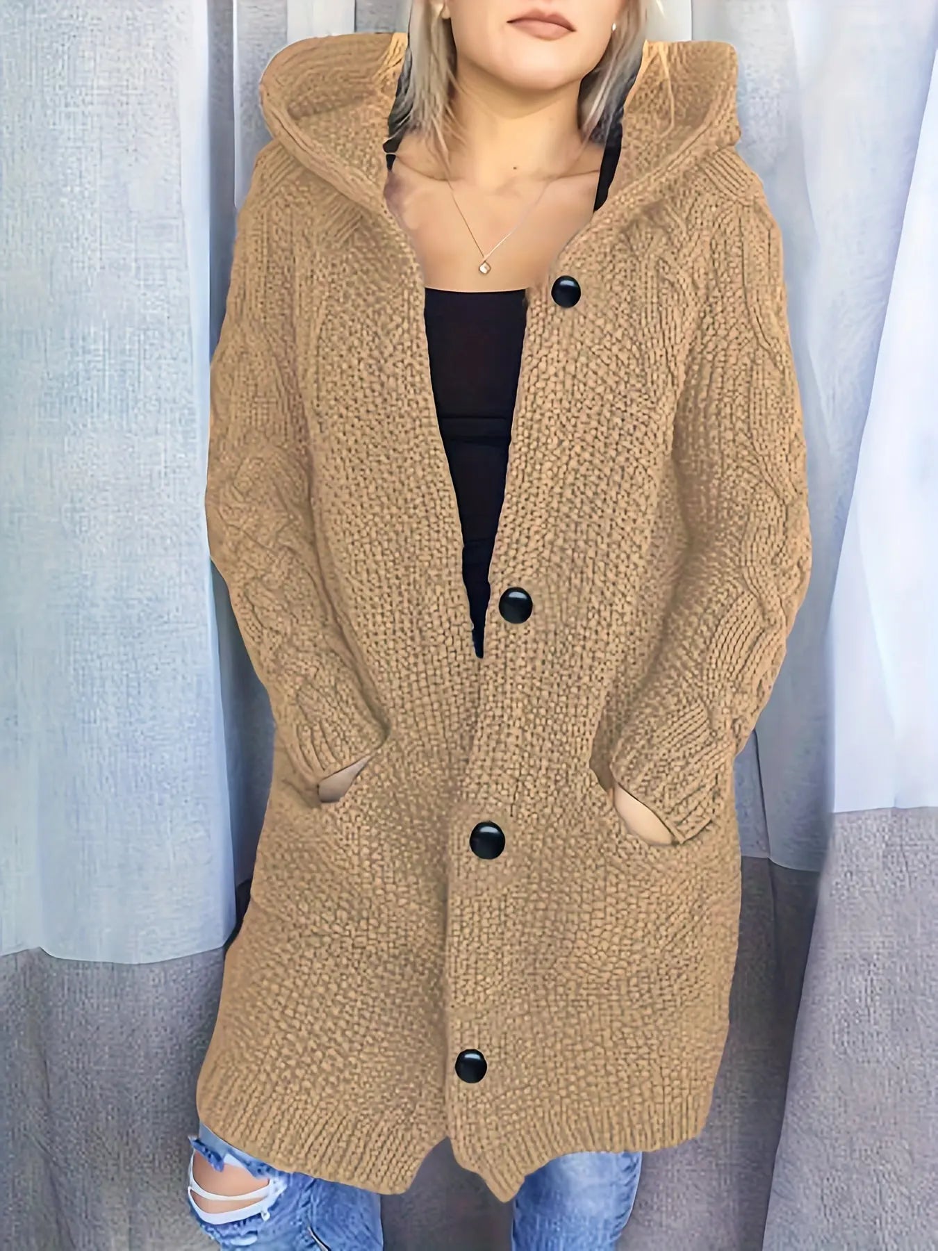 Solid Button-Front Hooded Cardigan with Pockets, Long Sleeve Fall & Winter Women's Clothing MyFave Boutique