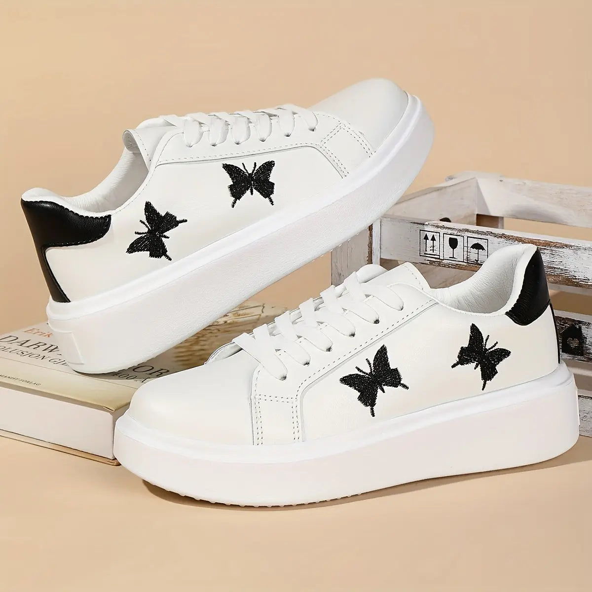 Women's Butterfly Embroidery Lace-Up Skate Sneakers with Thick Sole MyFave Boutique