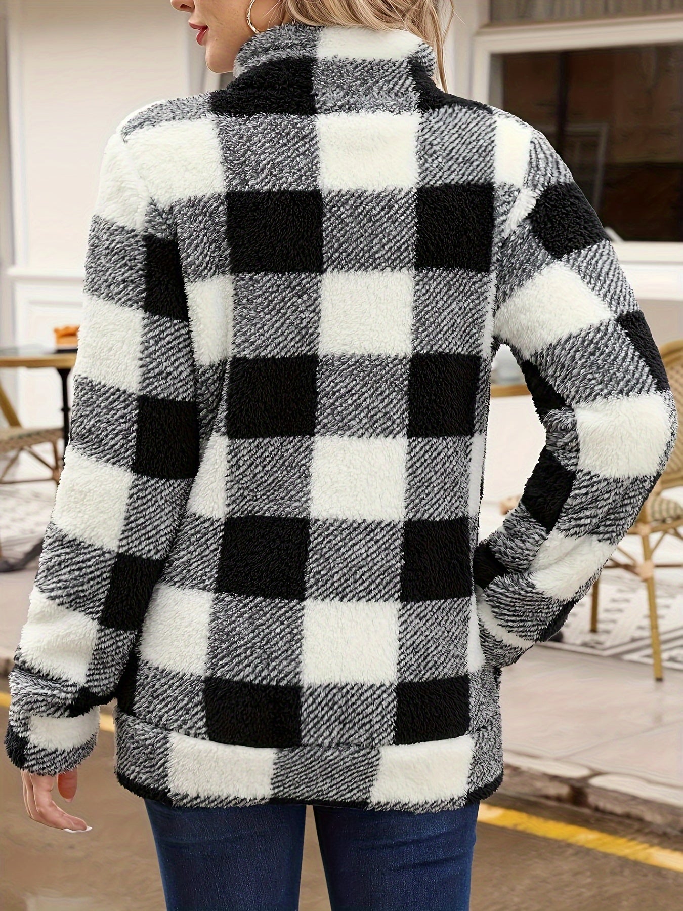 Plaid Fuzzy Zip Front Coat, Casual Long Sleeve Fall & Winter Warm Outerwear, Women's Clothing MyFave Boutique