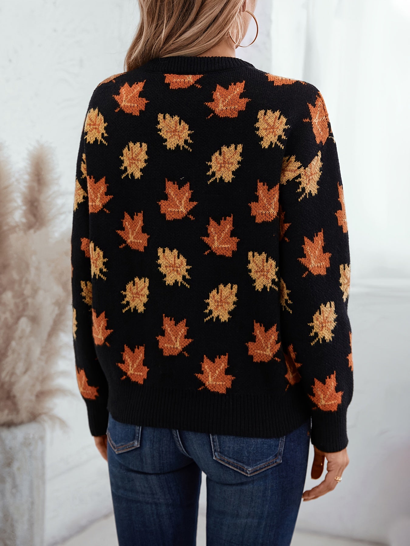 Autumn Maple Leaf Print Crew Neck Sweater - 100% Polyester Casual Knit Pullover with Long Sleeves, Slight Stretch, Loose Fit for Fall/Winter MyFave Boutique