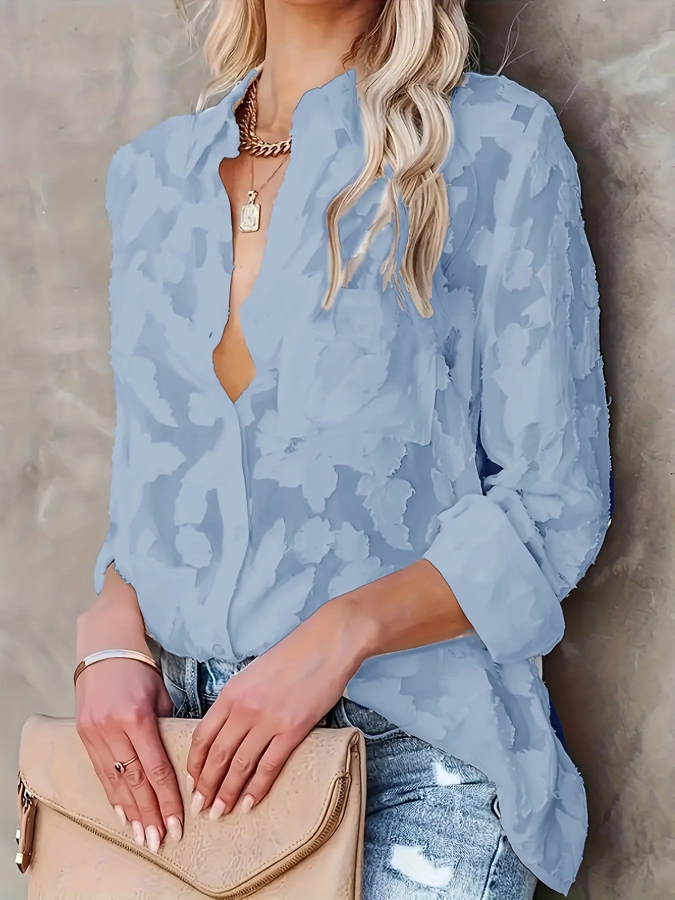 Jacquard Print Button Front Blouse, Casual Long Sleeve Polo Collar Blouse For Spring & Summer, Women's Clothing MyFave Boutique