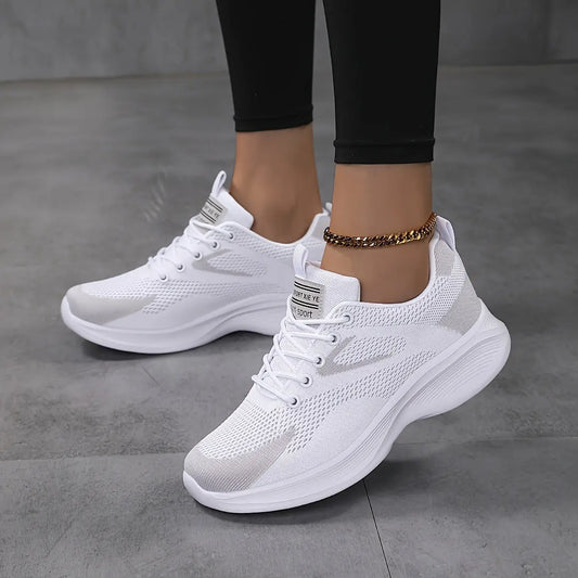 Women's Solid Color Mesh Sneakers, Lace Up Lightweight Soft Sole Walking Shoes, Breathable Low-top Daily Wear MyFave Boutique