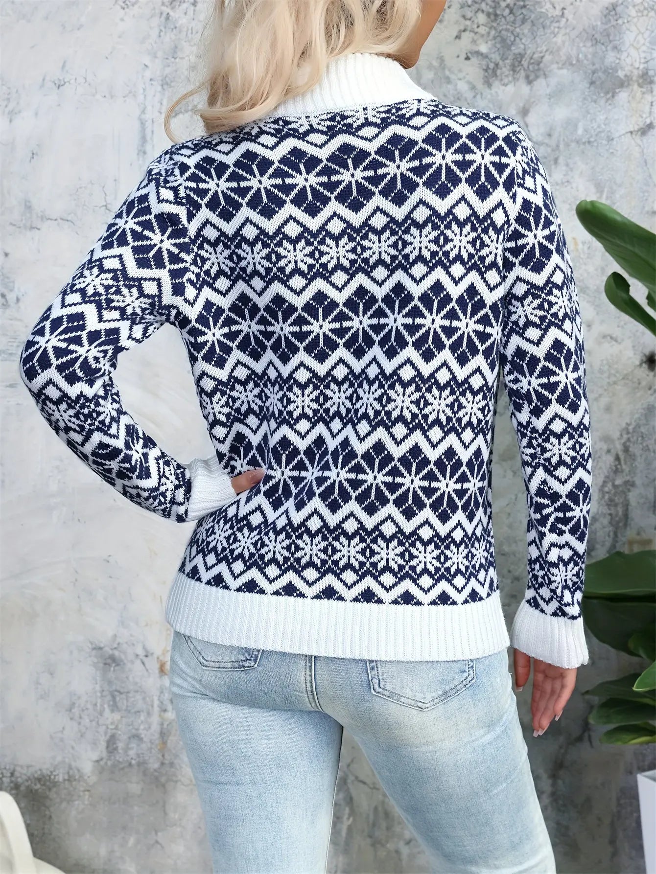 Christmas Snowflake Geo Pattern Mock Neck Sweater, Elegant Color Block Long Sleeve Sweater For Fall & Winter, Women's Clothing MyFave Boutique