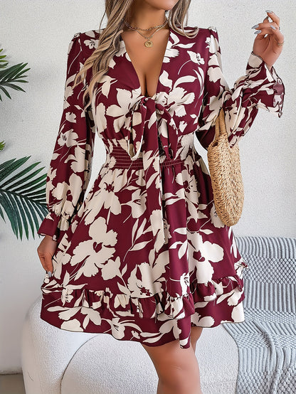 Floral Print Knot Front Dress, Elegant Long Sleeve Shirred Waist Ruffle Hem Dress For Spring & Fall, Women's Clothing MyFave Boutique