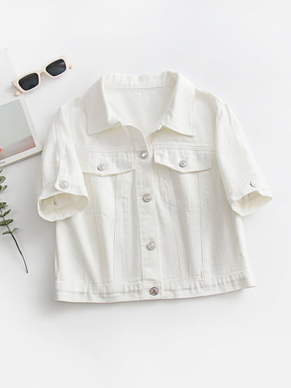 Plain White Short Sleeve Denim Coat, Lapel Single-breasted Flap Pocket Denim Jacket, Women's Denim Jeans & Clothing MyFave Boutique