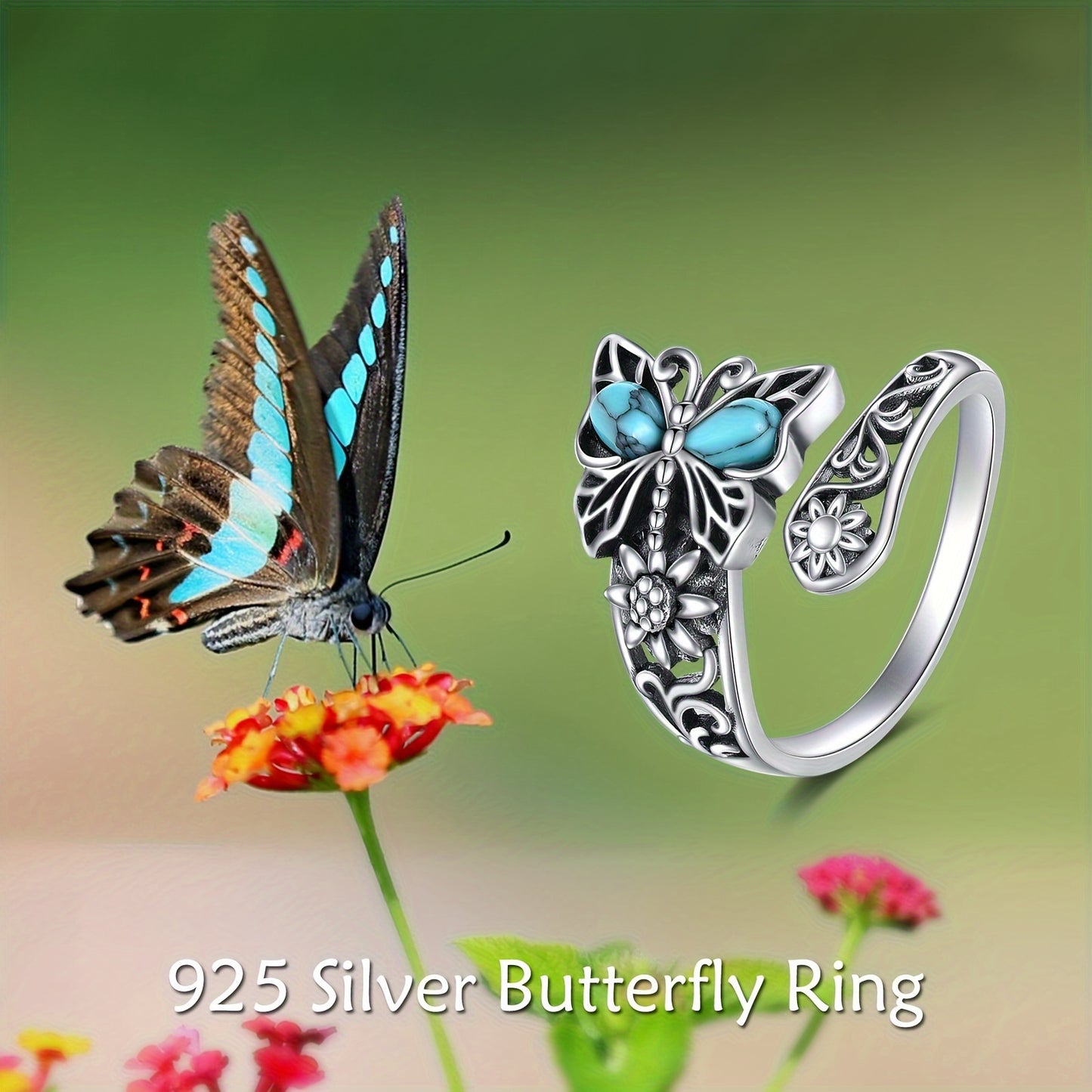 925 Sterling Silver Turquoise Butterfly Spoon Ring Vintage Thumb Rings Boho Adjustable Open Ring Butterfly Jewelry Gifts For Women MyFave Boutique