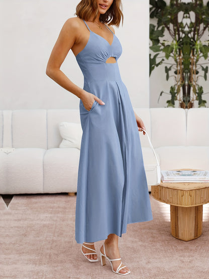 Women's 2024 Summer Slim Shoulder Strap Dress Sleeveless V-neck Hollowed Out Slit Casual Beach Party Long Dress With Pockets MyFave Boutique