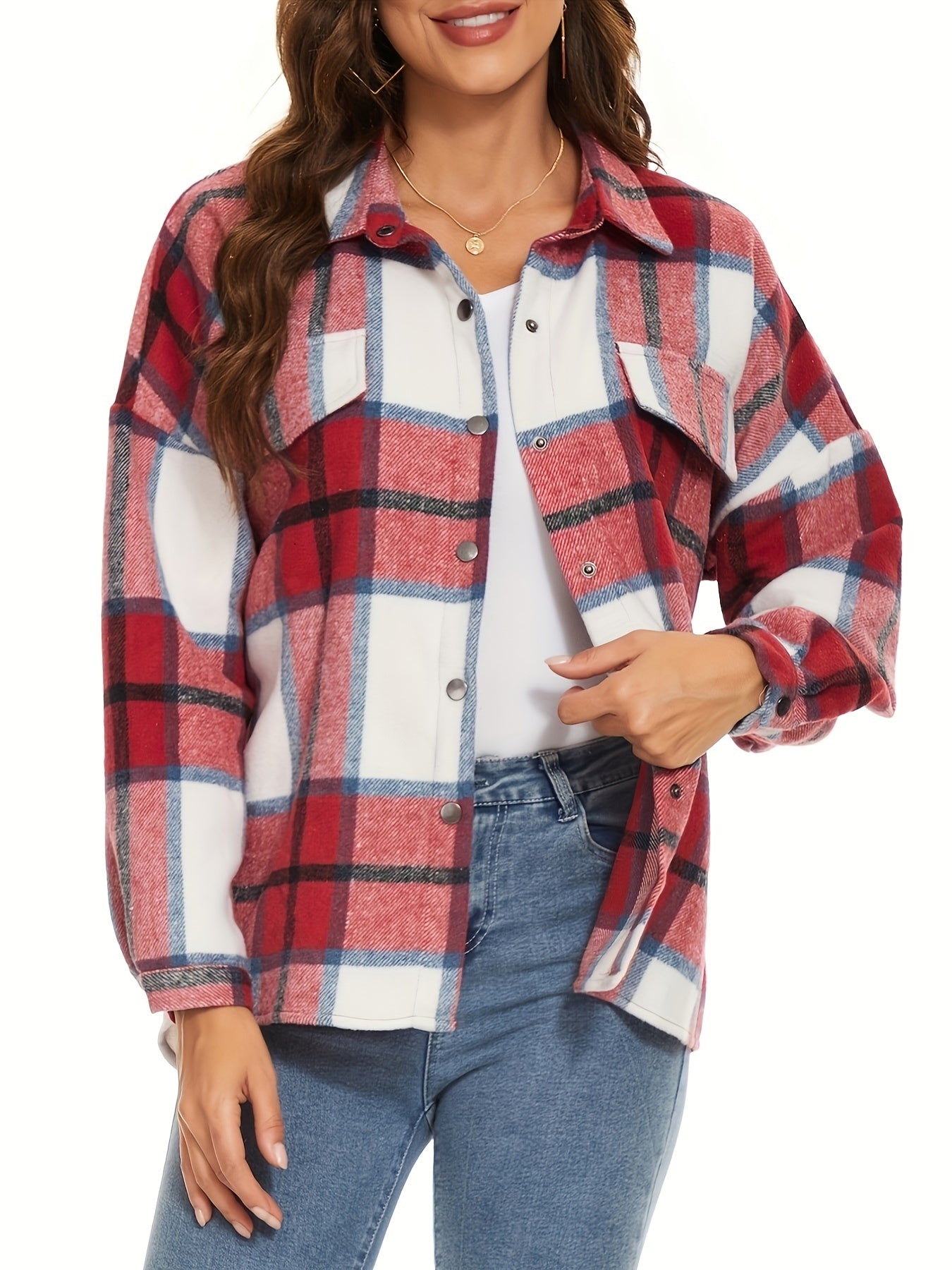 Plaid Pattern Button Up Shirt Jacket, Casual Turndown Collar Long Sleeve Outwear With Pocket, Women's Clothing MyFave Boutique