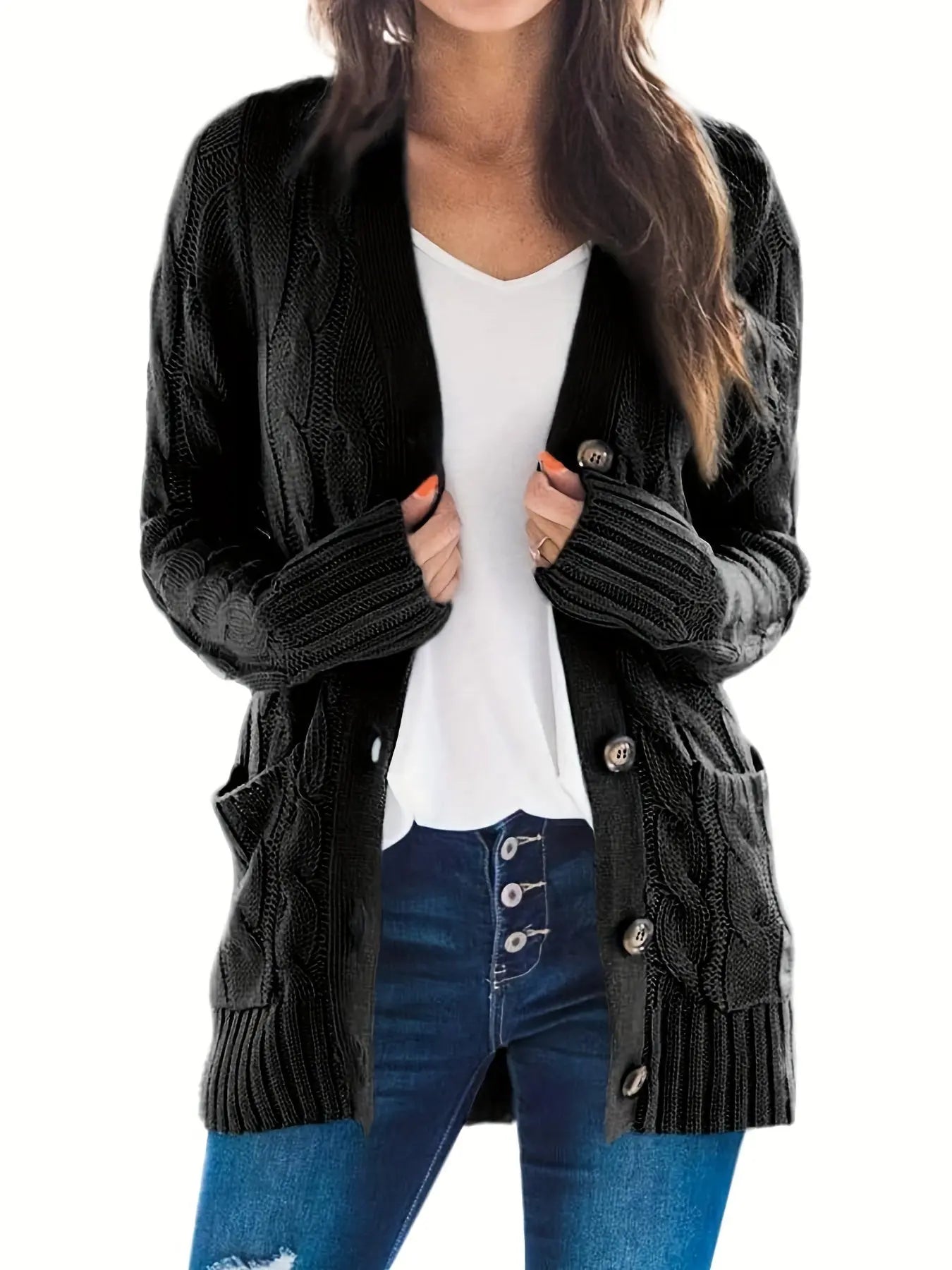 Stylish Cable Knit Button Front Cardigan with V Neck and Pockets for Women's Fall & Winter Wardrobe MyFave Boutique