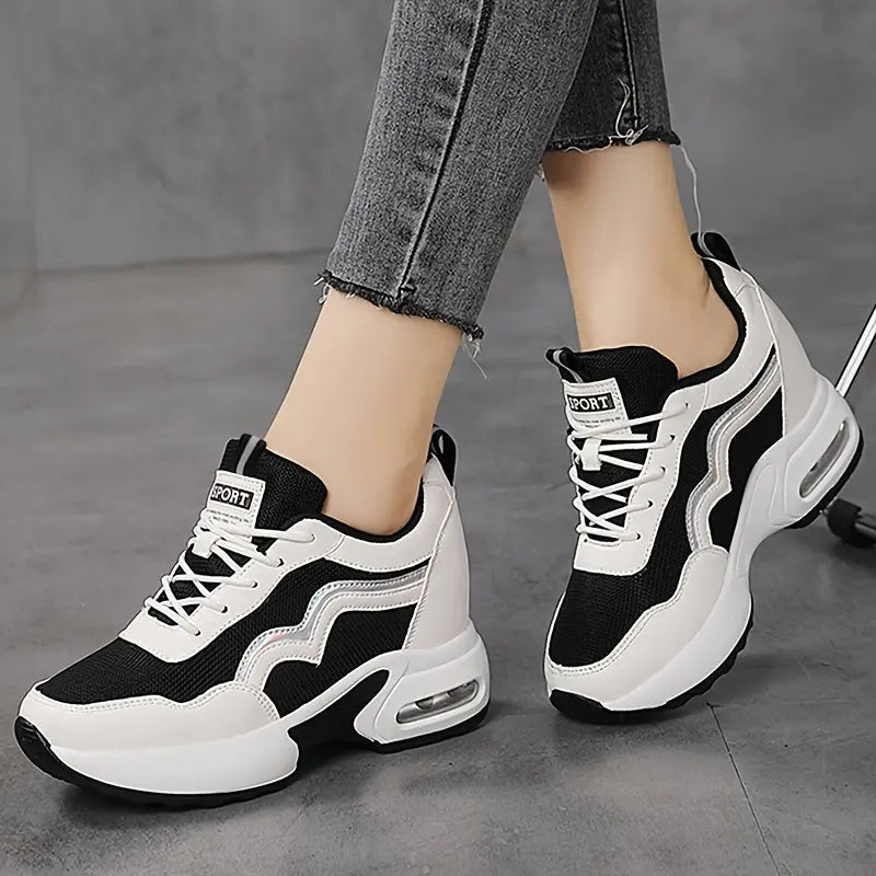 Women's Two-Tone Height-Increasing Sneakers, Lace Up Platform Soft Sole Breathable Comfort Sneakers, Air Cushion Casual Athletic Shoes MyFave Boutique