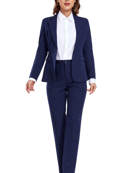 Casual Solid Slim Fit Office Two-piece Blazer Set, Long Sleeve Button Front Blazer & Skinny High Waist Pants Outfits, Women's Clothing MyFave Boutique