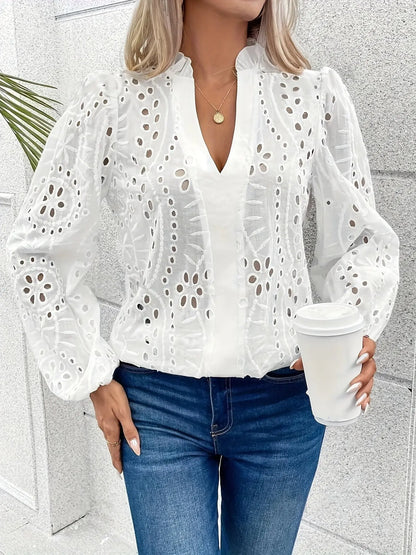 Elegant Notched Collar V-Neck Blouse with Embroidered Hollow Pattern, Polyester-Cotton Blend, Long Regular Sleeve, Women's Woven Shirting MyFave Boutique