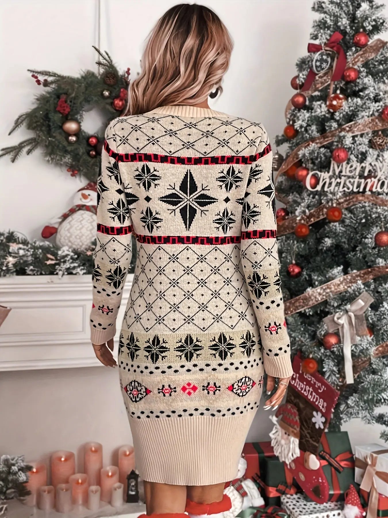 Geo Pattern Long Sleeve Knitted Dress, Casual Crew Neck Rib Knit Slim Sweater Dress For Fall, Women's Clothing MyFave Boutique