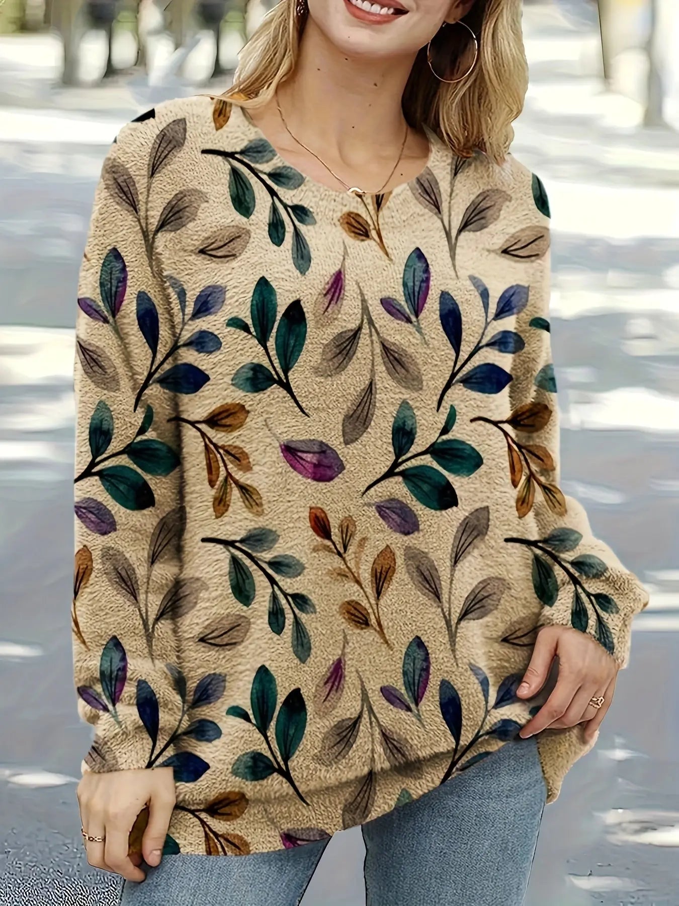 Leaf Pattern Crew Neck Sweater, Casual Long Sleeve Sweater For Fall & Winter, Women's Clothing MyFave Boutique