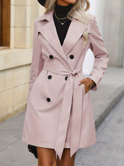 Double Breasted Trench Coat, Casual Solid Long Sleeve Overcoat, Women's Clothing MyFave Boutique