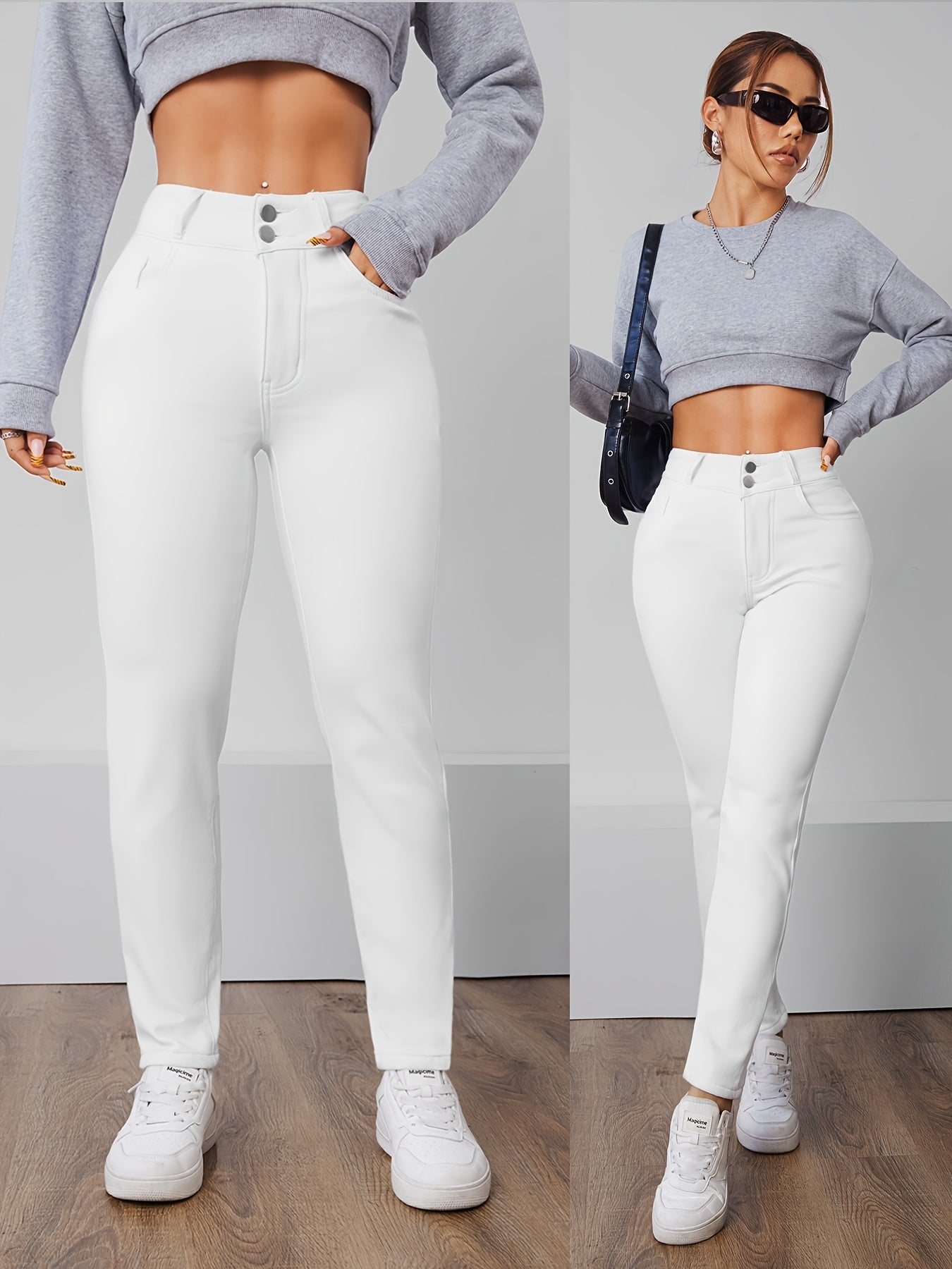 Women's High-Waisted Long Pants With Zipper Closure, Mid-Rise Stretch Cotton Blend, Straight Leg, Casual Streetwear For Fall And Winter MyFave Boutique