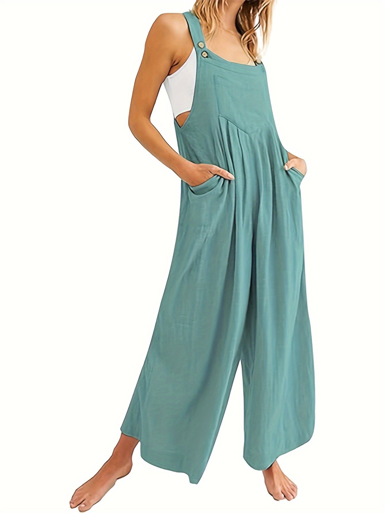 Solid Color Wide Leg Overall Jumpsuit, Casual Sleeveless Loose Overall Jumpsuit With Pocket, Women's Clothing MyFave Boutique