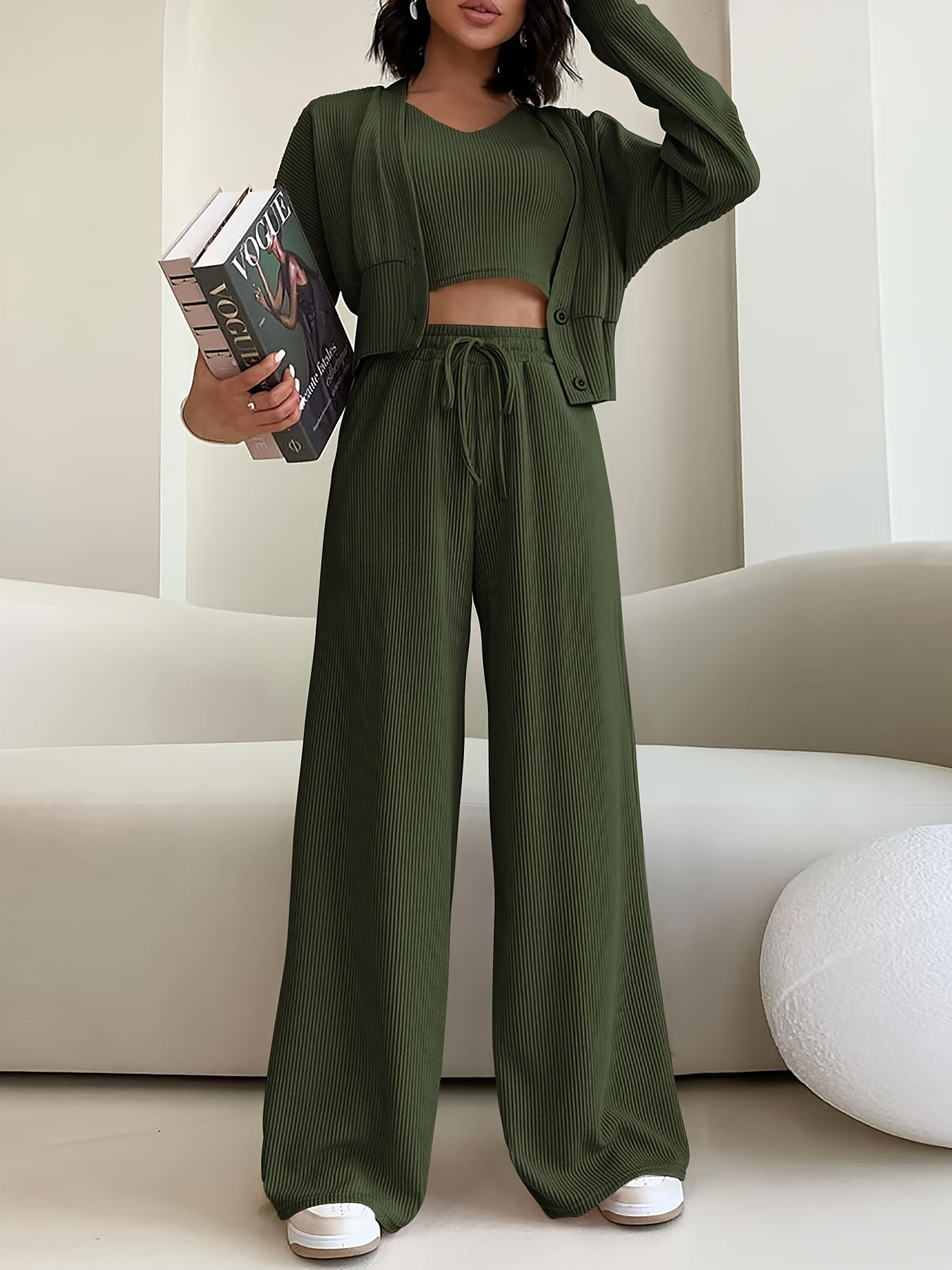 Elegant Solid Color Ribbed Three Pieces, V Neck Crop Tank Top & Button Front Long Sleeve Cardigan & Drawstring High Waist Wide Leg Pants Outfits, Women's Clothing MyFave Boutique