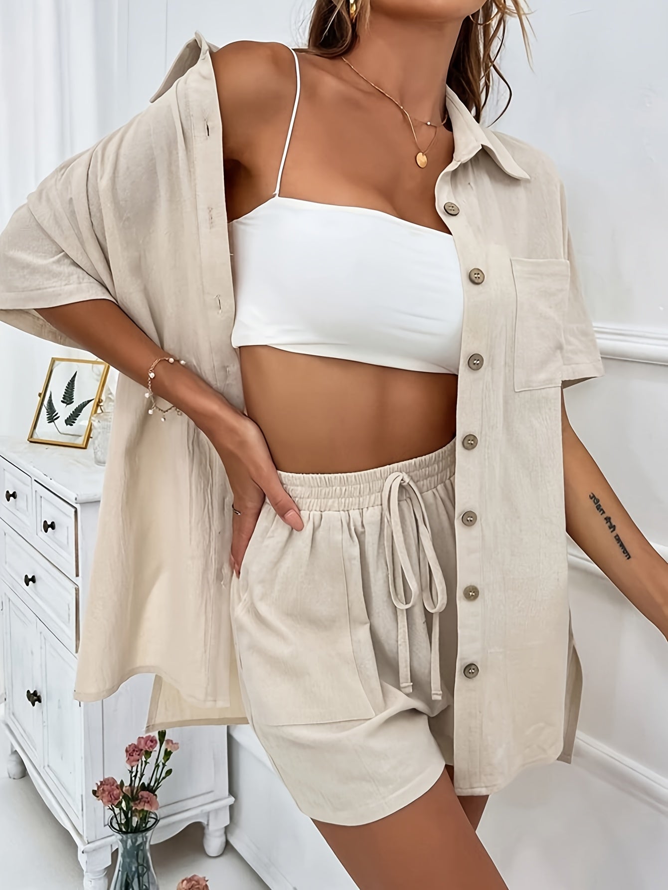 Women's fashion loose temperament lapel shirt short sleeve pocket elastic waist shorts solid color suit MyFave Boutique