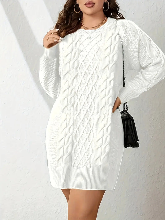 Elegant Crew Neck Cable Knit Sweater Dress for Women - Polyester Blend, Lantern Sleeve, Midi Length, Twist Detail, Fall/Winter Season, Solid Color, Knitted Pullover Midi Dress MyFave Boutique