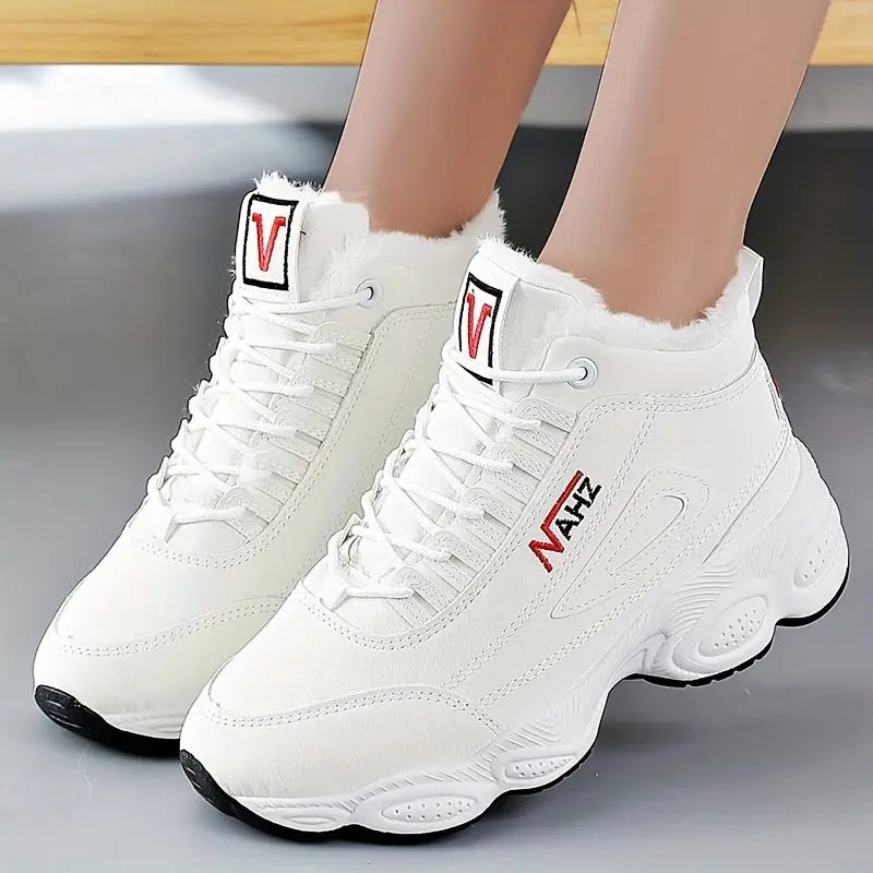 Women's Solid Color Fluffy Sneakers, Lace Up Soft Sole Platform Warm Lined Walking Shoes, High-top Plush Wear-resistant Shoes MyFave Boutique