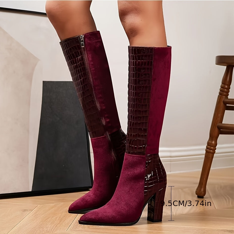 Women's Solid Color Block Heeled Boots, Fashion Pointed Toe Knee High Boots, Stylish Side Zipper Boots MyFave Boutique