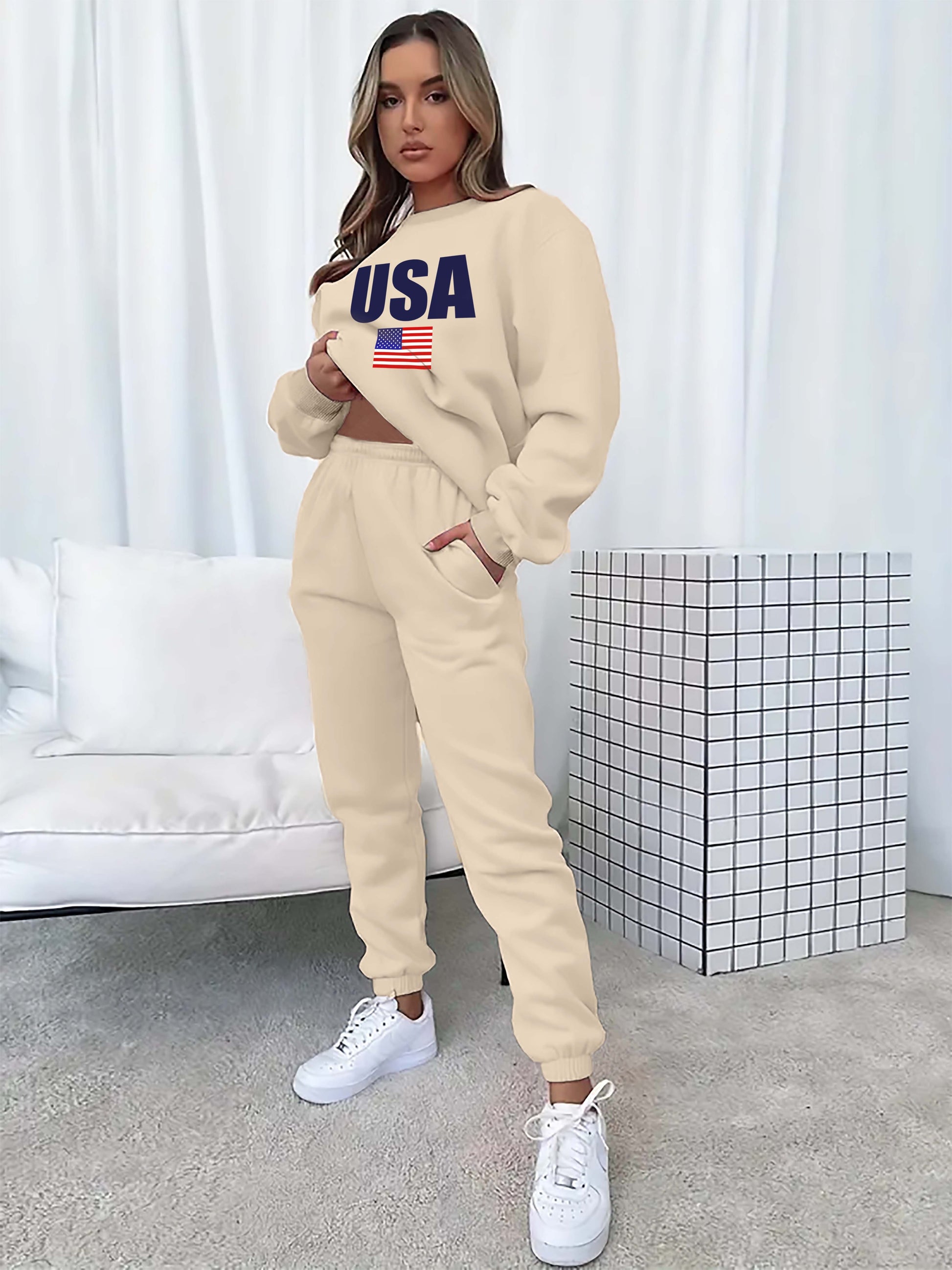 two-piece Women's Flag Print Fleece Set - Cozy Long Sleeve Sweatshirt and Jogger Sweatpants for Casual Comfort MyFave Boutique