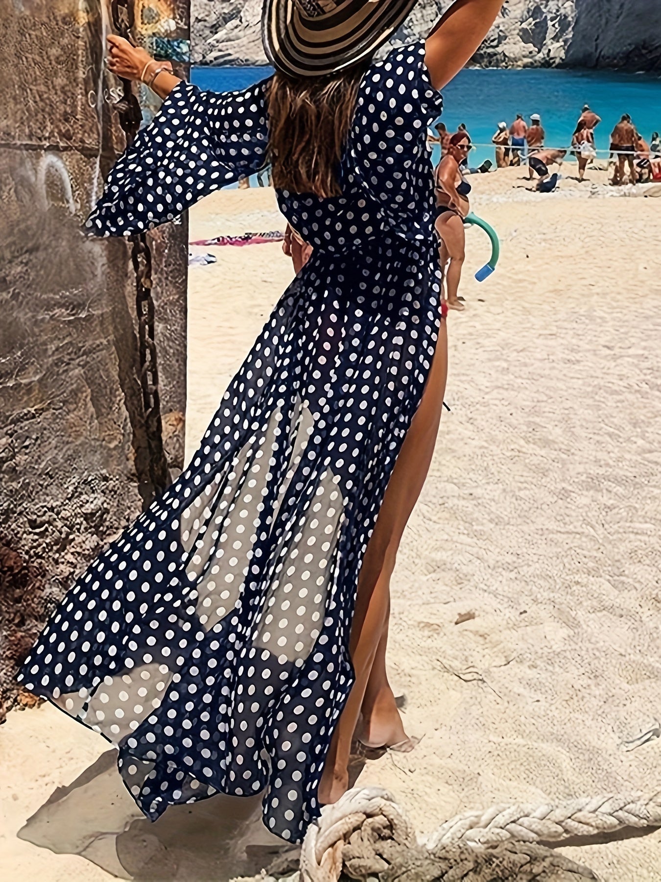 Polka Dot Print Cover Up, Semi-Sheer Batwing Sleeves Beach Kimono Cardigan, Women's Swimwear & Clothing MyFave Boutique