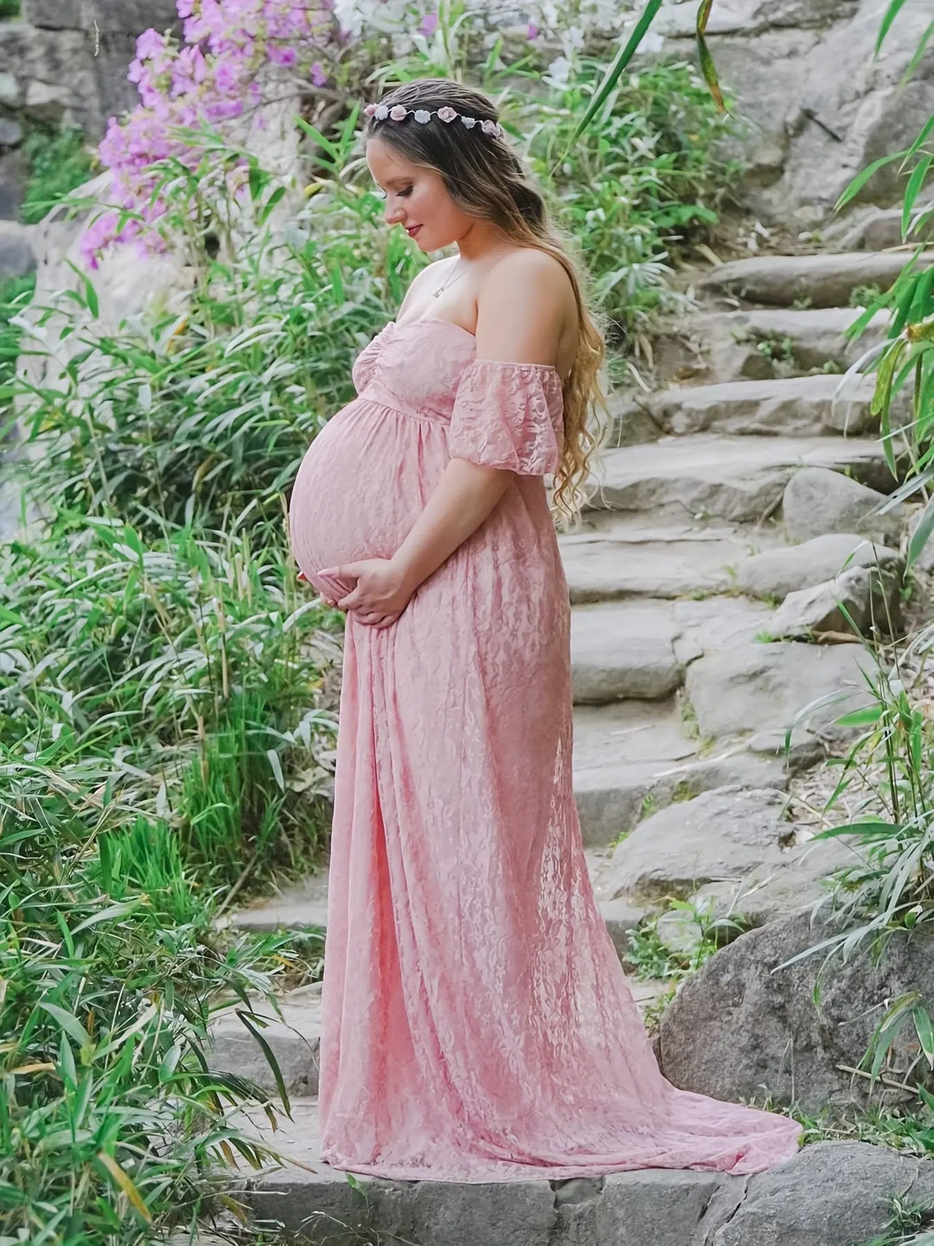 Elegant Maternity Lace Dress for Photography & Parties - Off-Shoulder, Flared, Long Length MyFave Boutique