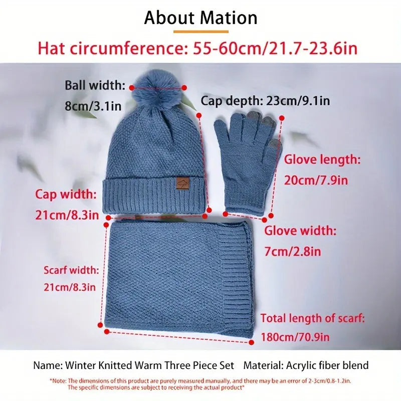 Xin Bao Guan Knit Beanie Hat, Scarf and Gloves Set for Women - Acrylic Hand Wash Only Elastic Winter Accessories Solid Color Toggle Closure Packable Holiday Theme MyFave Boutique