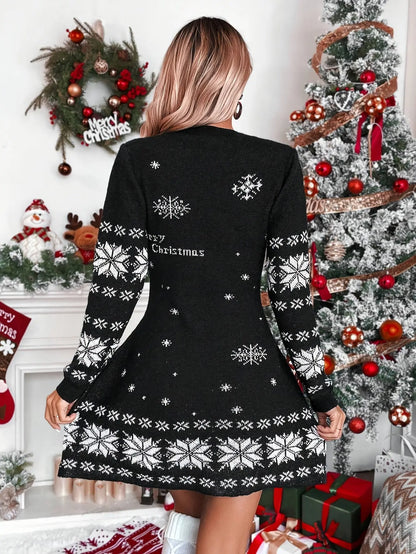 Elegant Christmas Sweater Dress for Women - 100% Polyester Knitted Fabric, Crew Neck, Festive Snowflake Pattern, Long Sleeve, A-Line Silhouette MyFave Boutique