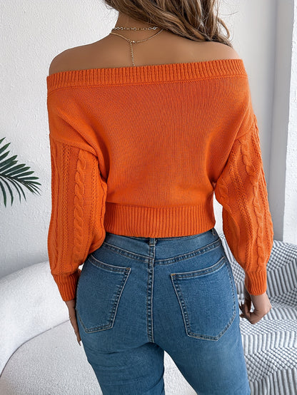 Off Shoulder Cable Knitted Sweater, Elegant Long Sleeve Slim Sweater, Women's Clothing MyFave Boutique