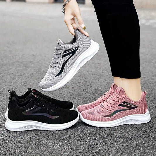 Women's Breathable Knitted Fashion Sneakers - Casual Lace-Up Walking Shoes with Soft PVC Sole, Fabric Insole & Lining - Lightweight, Comfortable, Round Toe, Low-Top - All Season Wear-Resistant Sneakers MyFave Boutique