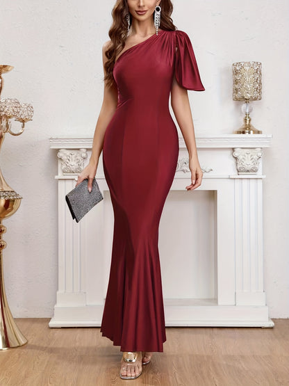 Solid One Shoulder Mermaid Hem Dress, Elegant Bodycon Dress For Banquet & Party, Women's Clothing MyFave Boutique