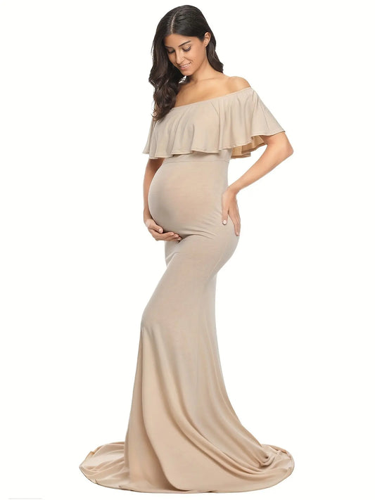 Womens Off Shoulder Maternity Dress Ruffles Elegant Slim Gowns Fit Maxi Photography Dress MyFave Boutique