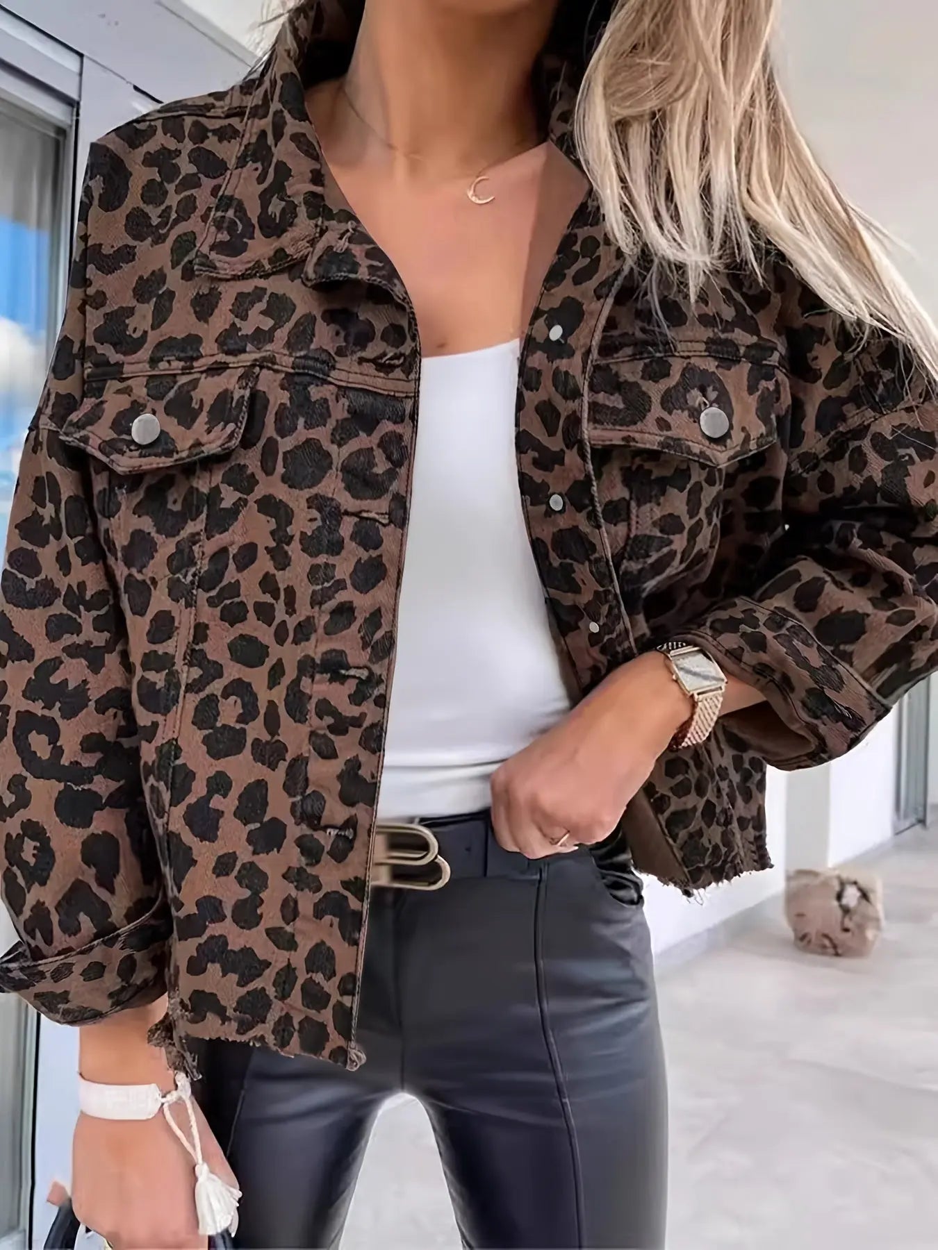 Spring And Autumn Casual Leopard Print Denim Jacket Short Loose Long-sleeved Jacket MyFave Boutique