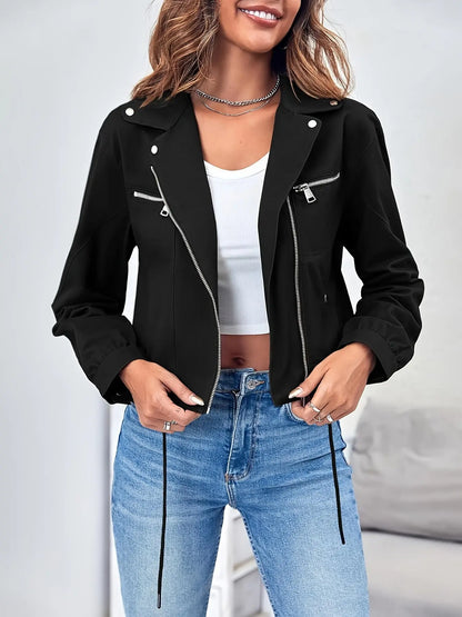 Zip Up Drawstring Crop Jacket, Casual Lapel Neck Long Sleeve Jacket For Spring & Fall, Women's Clothing MyFave Boutique