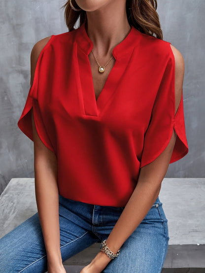 Women's Casual V-Neck Blouse with Cut-Out Shoulder Detail, Dressy Summer Top for Business or Casual Wear MyFave Boutique