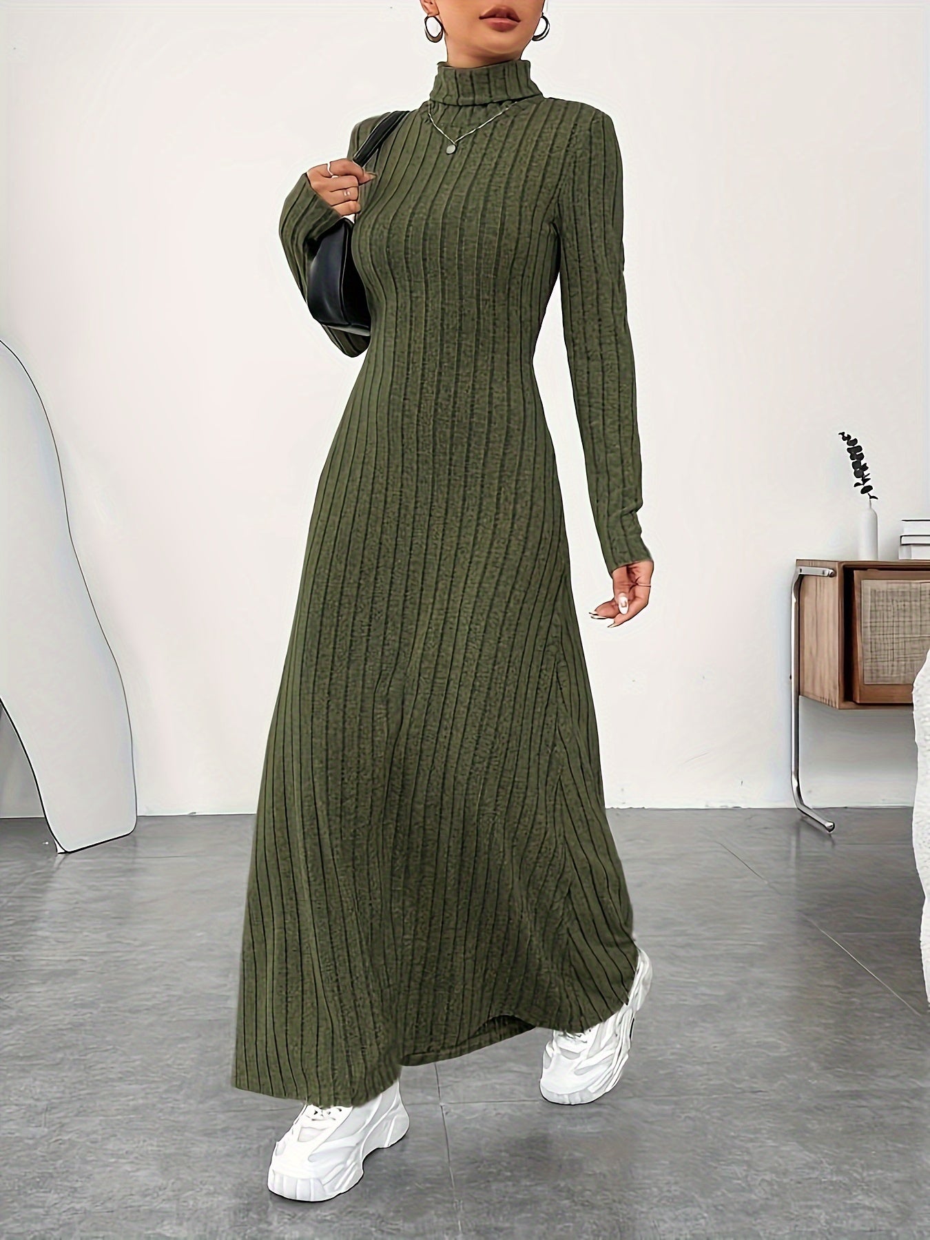 Solid Color Turtle Neck Ribbed Dress, Elegant Long Sleeve Flared Maxi Dress For Spring & Fall, Women's Clothing MyFave Boutique