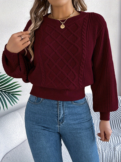 Elegant Solid Color Cable Knit Sweater for Women - Cozy Acrylic, Long Sleeve, Round Neck Pullover for Fall/Winter MyFave Boutique