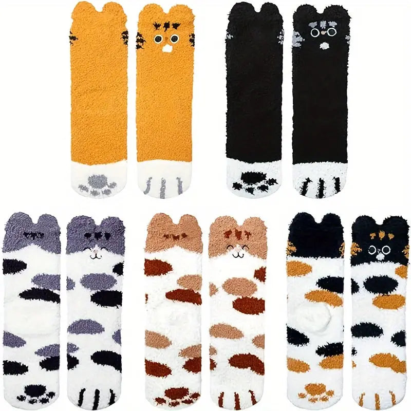 Women's Cozy Cartoon Cat Claw Slipper Socks - 5 Pairs, Knee-Length, Polyester and Spandex Blend, Warm Plush Coral Fleece, Knit Fabric, Home Lounge Winter Fluffy Socks - Hand Wash/Dry Clean MyFave Boutique