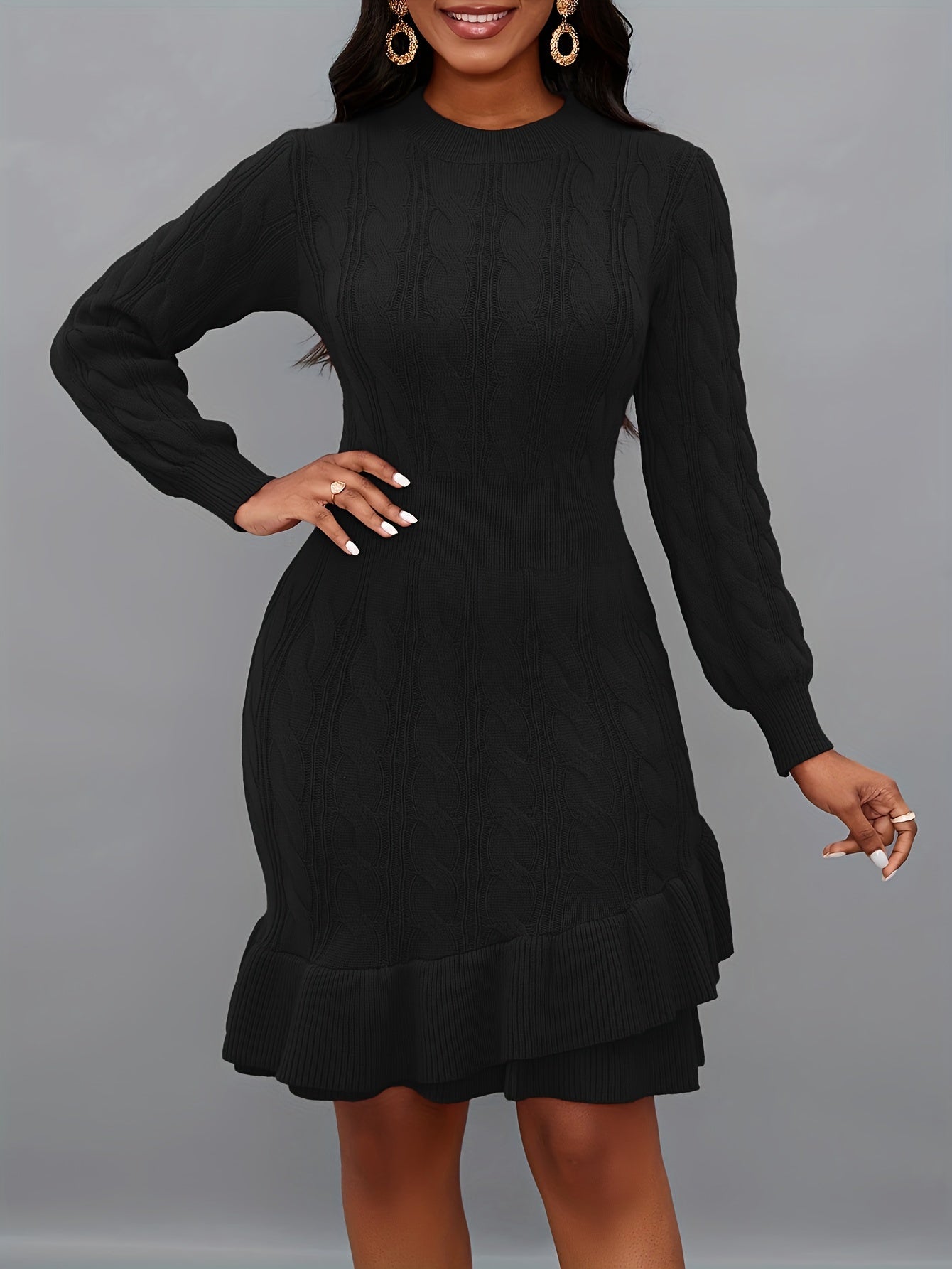 Knit Layered Hem Sweater Dress, Elegant Long Sleeve Dress, Women's Clothing MyFave Boutique